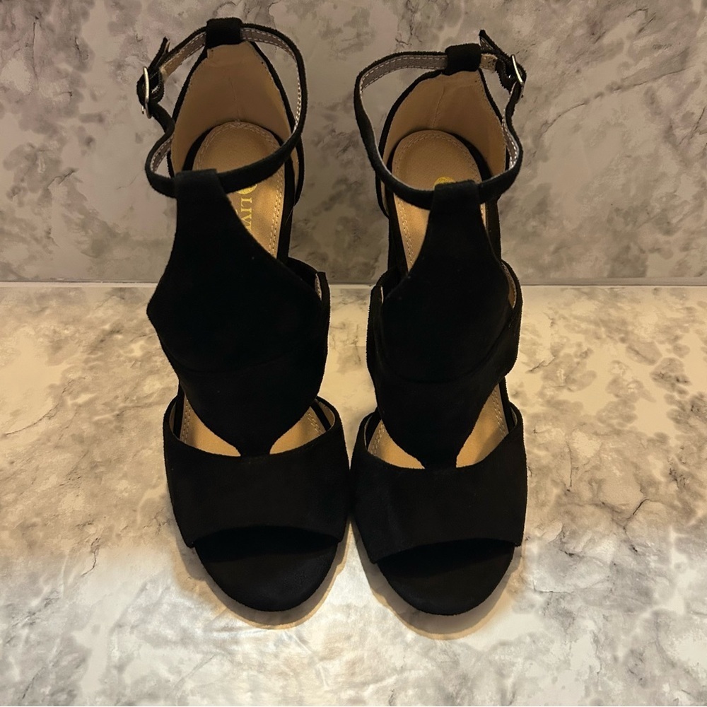 Olivia Ferragamo Black Faux Suede Open Toe Ankle Strap Heels Size 6 - Picture 2 of 6